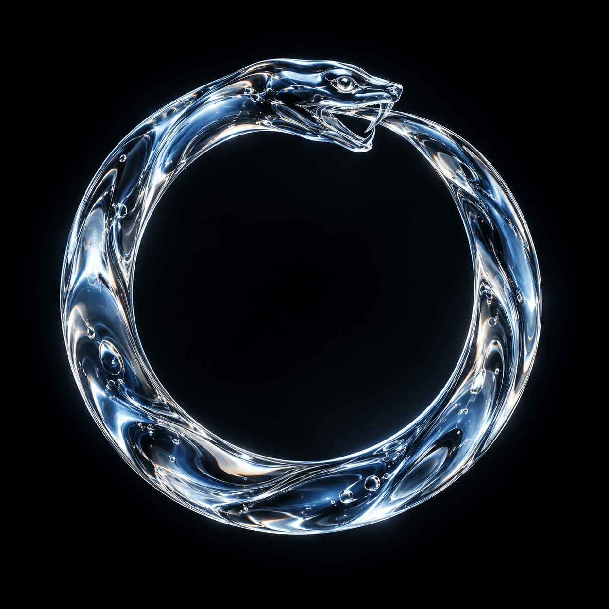A liquid-glass ouroboros, a snake forming a ring as it swallows its own tail
